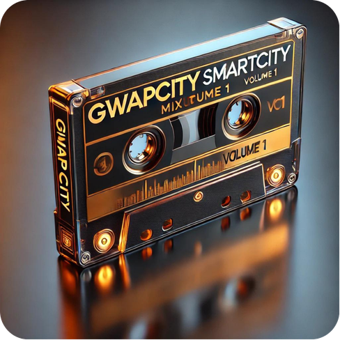 Gwapcity Smartcity mixtape, volume 1, shown as a gold and black cassette tape